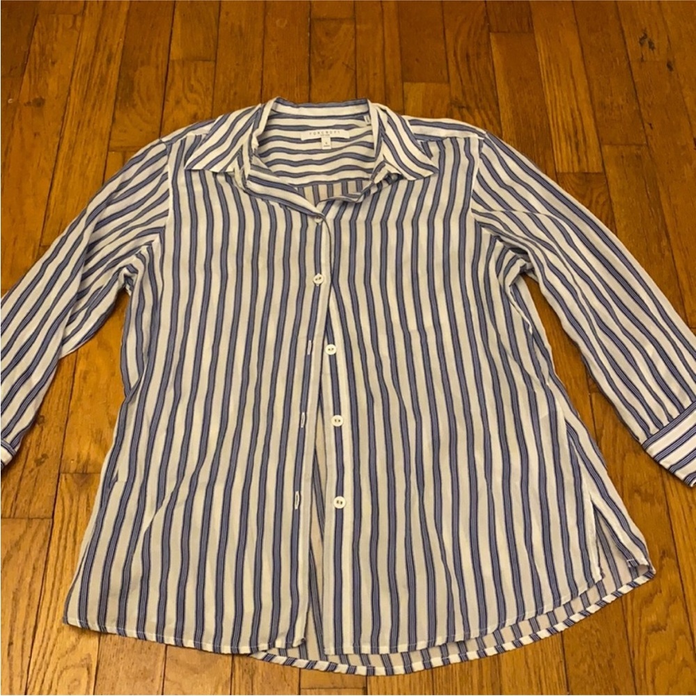 Foxcroft Blue and White Striped Button-Up Shirt